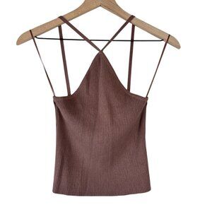 By Together Brown Ribbed Knit Stop And Stare Halter Tank Top